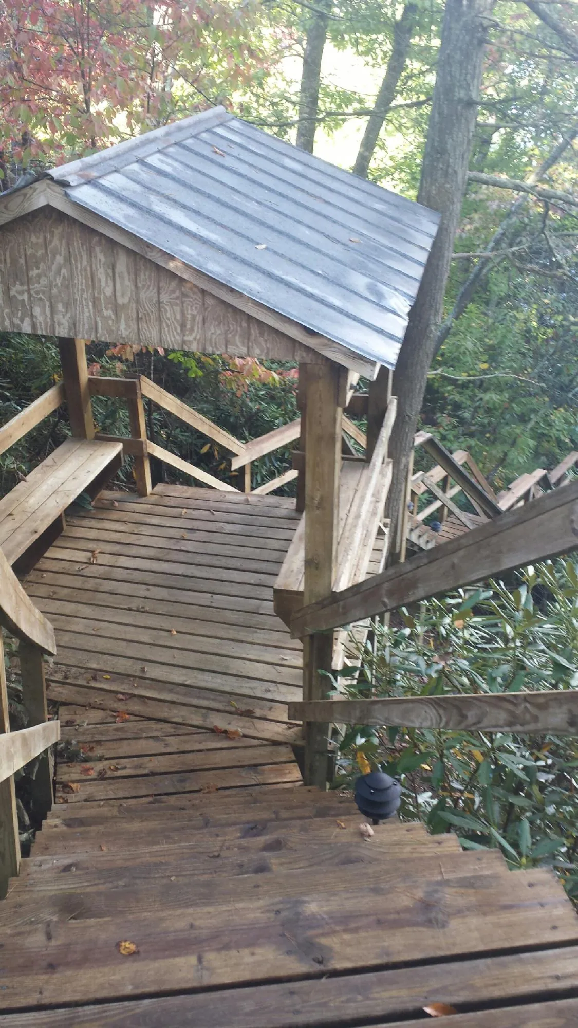 Metal roofed shelter over wooden steps on a wooded walkway — Skylight Repair & Installation work by our crew in Orcas